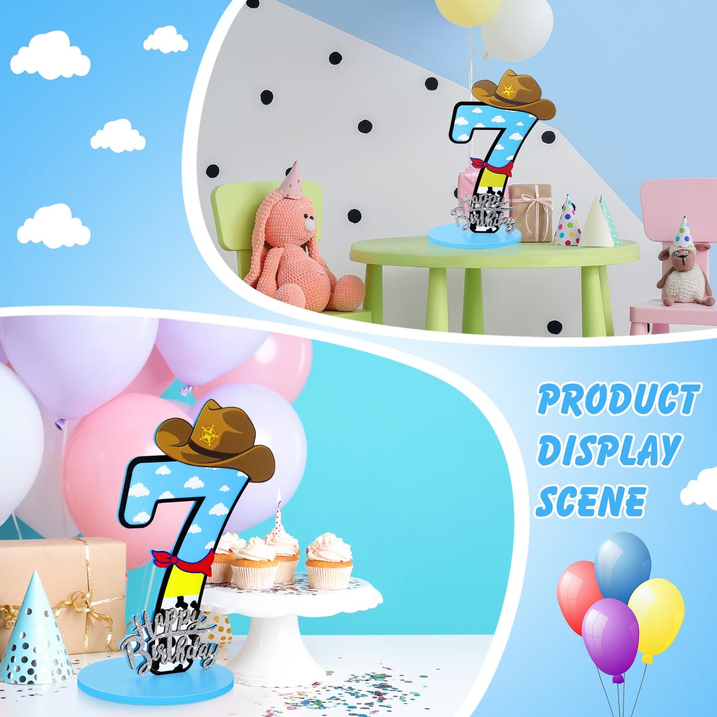 Vercraft Toy Theme 7th Birthday Party Number Centerpiece 11.8 Inch Cartoon Party Number Sign Blue Sky and White Cloud Cow Birthd