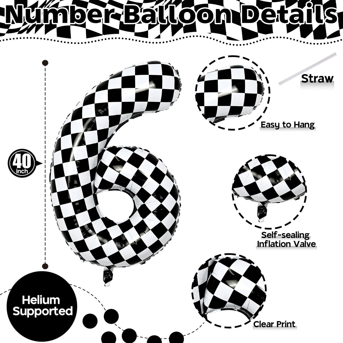 Giant Number Balloons 6, Black And White Checkered Self Inflating 0-9 Set Number Balloon For Kids, 40 Inch Foil Helium Racing 6