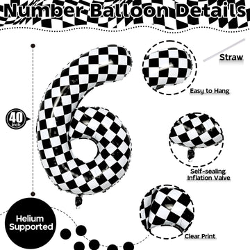 Giant Number Balloons 6, Black And White Checkered Self Inflating 0-9 Set Number Balloon For Kids, 40 Inch Foil Helium Racing 6