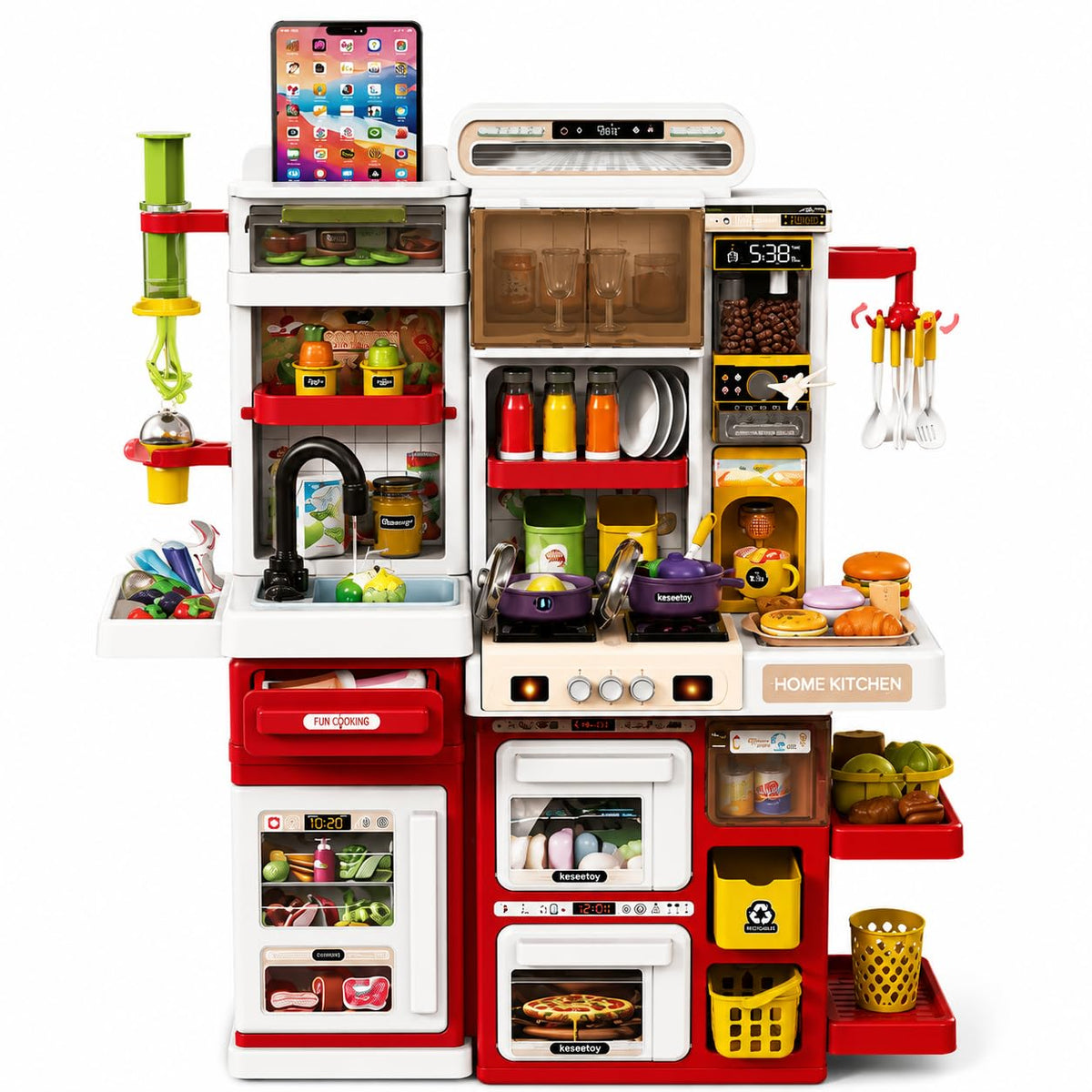 Kids Kitchen Play Set with Water Sink, Touch Panel, Drawer, Music & Recording Activities, Pretend Cooking Accessories, Cognitive