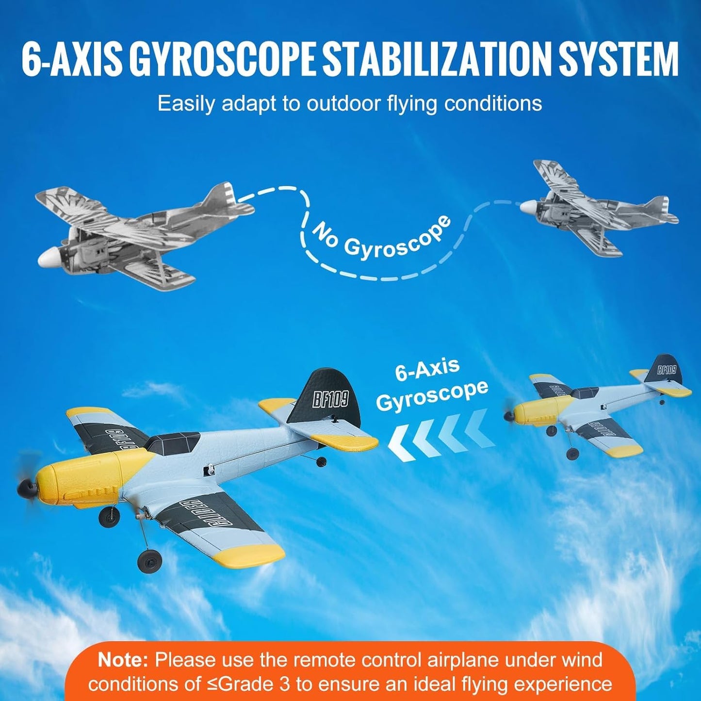 Vevor Rc Plane, 2.4Ghz 3 Channel Rc Airplane With 6-Axis Gyro Stabilizer&2 Batteries, Ready To Fly Bf-109 Fighter Aircraft Plane