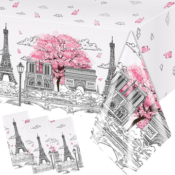Dydamud Paris Themed Party Tablecloth, 3Pcs Plastic Table Cloth Disposable Table Cover Pink Tablecloths For Birthday Party Decor