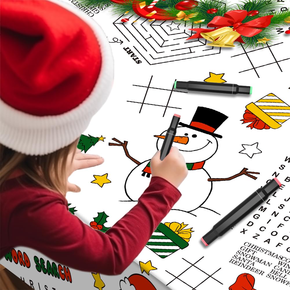 Labeol 1 Pack Christmas Tablecloth,Christmas Coloring Tablecloth for Kids,54x108 Giant Christmas Santa Claus Snowman Maze Color-