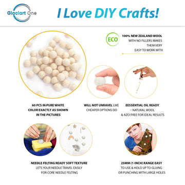 Glaciart One Wool Felt Balls, Felt Ball (60 Pieces) 2.5 Centimeters - 1 Inch, Handmade Felted Pure White Color - Bulk Small Puff