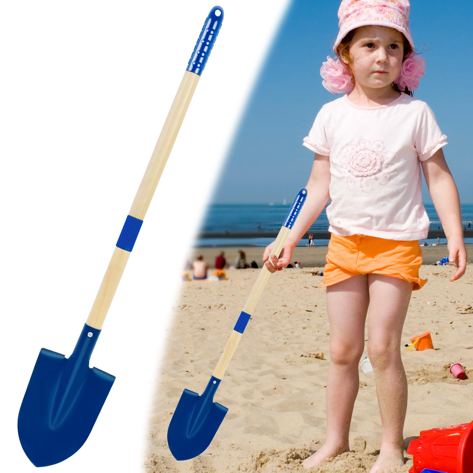 1Pcs Metal Beach Shovels For Kids, 15.3''-28'' Long Toddler Spade Sand Shovel Blue Detachable Childrens Garden Shovel With Wood