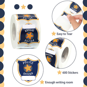 600 Pieces Police Stickers For Kids Police Badge Stickers Police Badge Name Tag Sticker Seals Cop Police Officer Party Favor For Kids Police Birthday Party Supplies (Blue Police Officer)