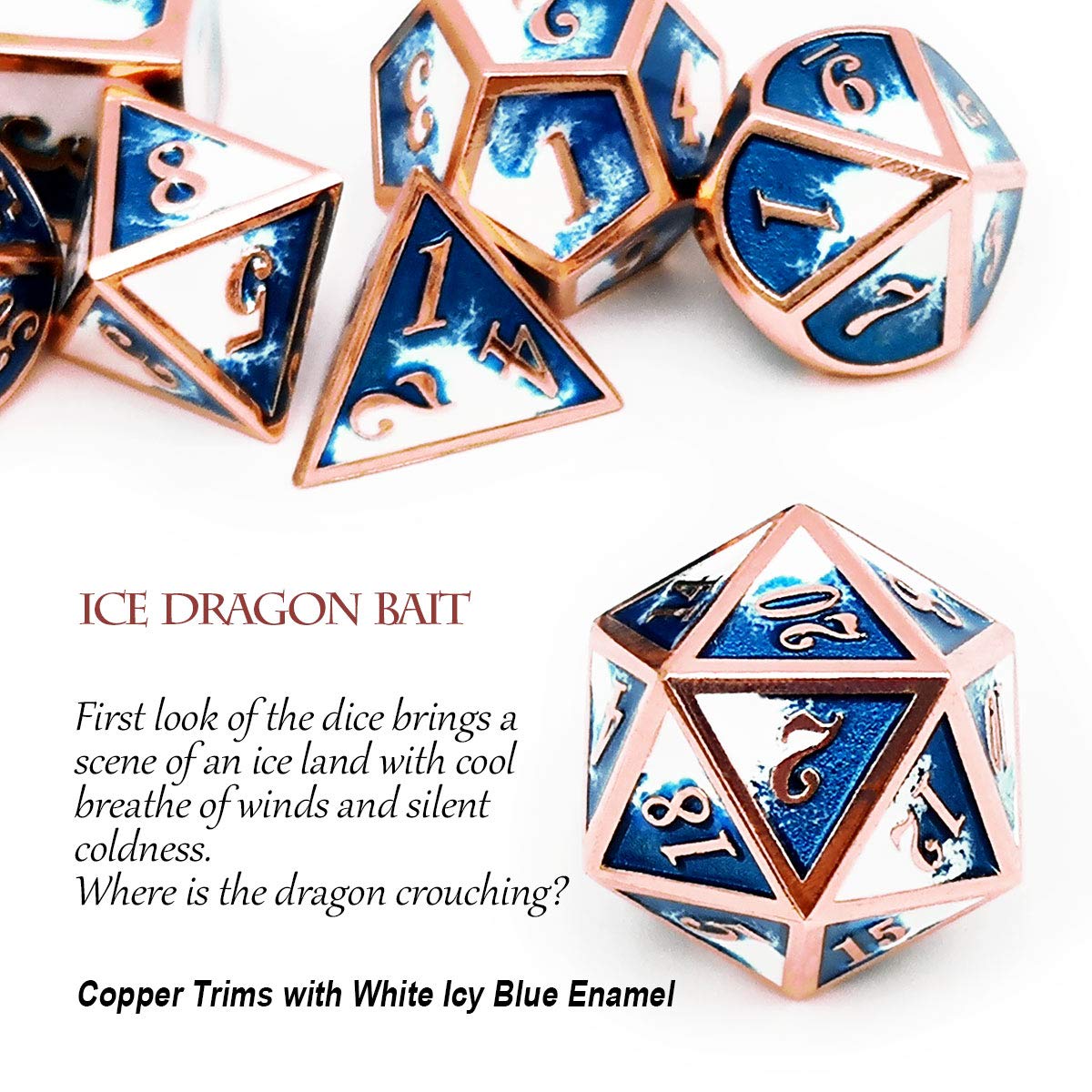 Haxtec Metal DND Dice Set Copper Blue White D&D Dice with Leather Dice Bag for Dungeons and Dragons RPG-Ice Dragon Bait