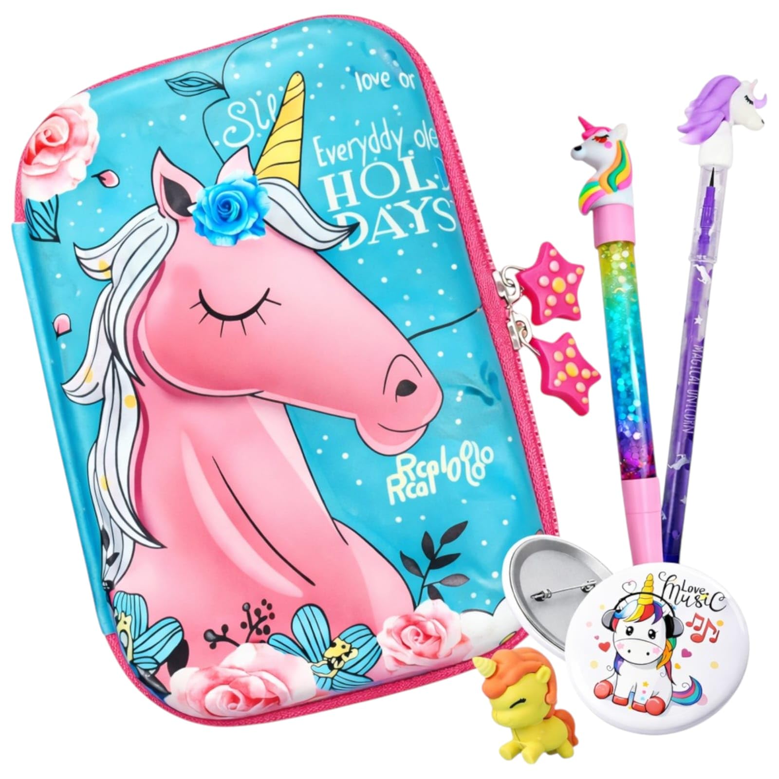 Tera 13 Unicorn Theme Stationery Set For Girls  (Pack Of 5 Items) With Pencil Case, Glitter Pen, Pencil, Eraser & Badge  Cute 