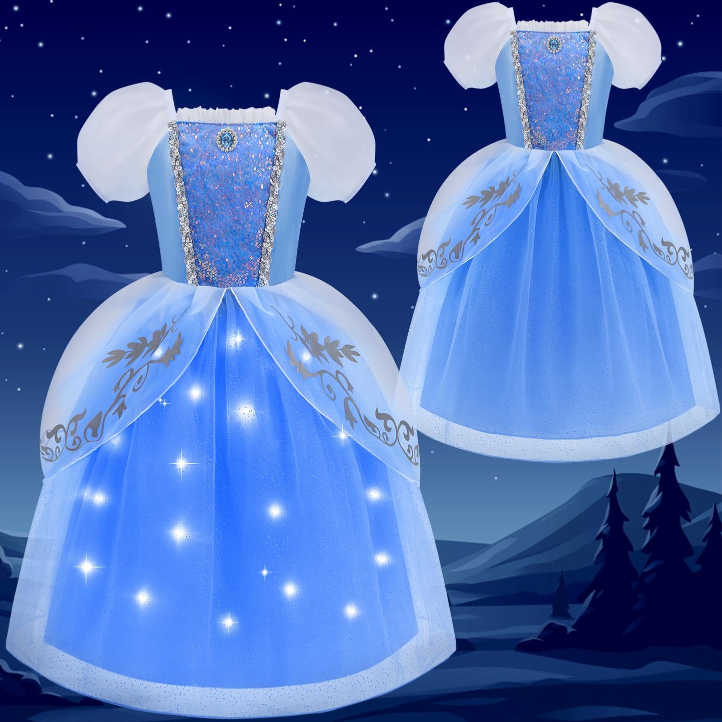 Aolliya Cinderella Light Up Dress for Girls Blue Princess Costumes Fancy Dress Up for Halloween Cosplay Carnival