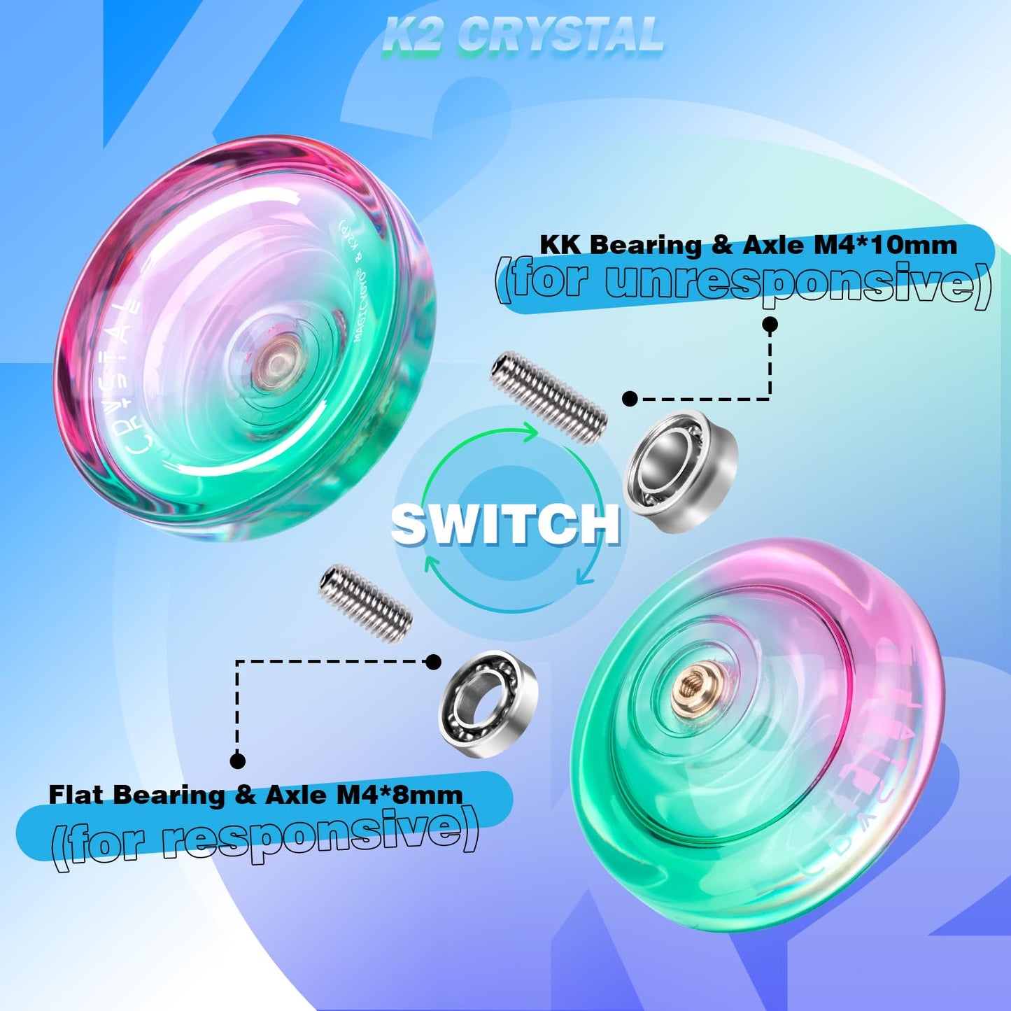 K2 Crystal Yoyo Professional Responsive Yoyo For Kids Beginners, Dual Purpose Yo-Yo With Unresponsive Yoyo Bearing For Adults + Extra 12 Yoyo Strings + Yo Yo Case + Bearing Kit(Green Pink Gradient)
