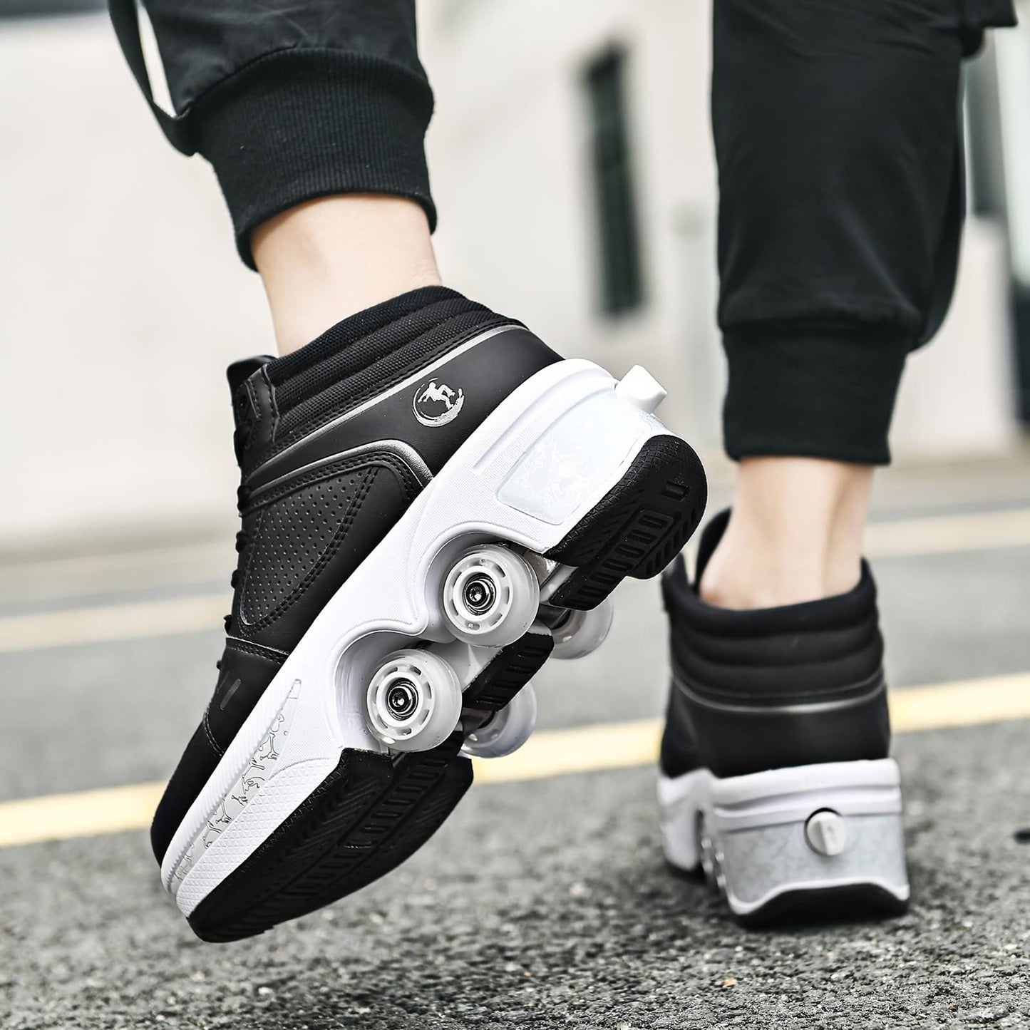 Double-Row Deform Wheel Automatic Walking Shoes Invisible Deformation Roller Skate 2 in 1 Removable Pulley Skates Skating Parkour (Black high  US 7)