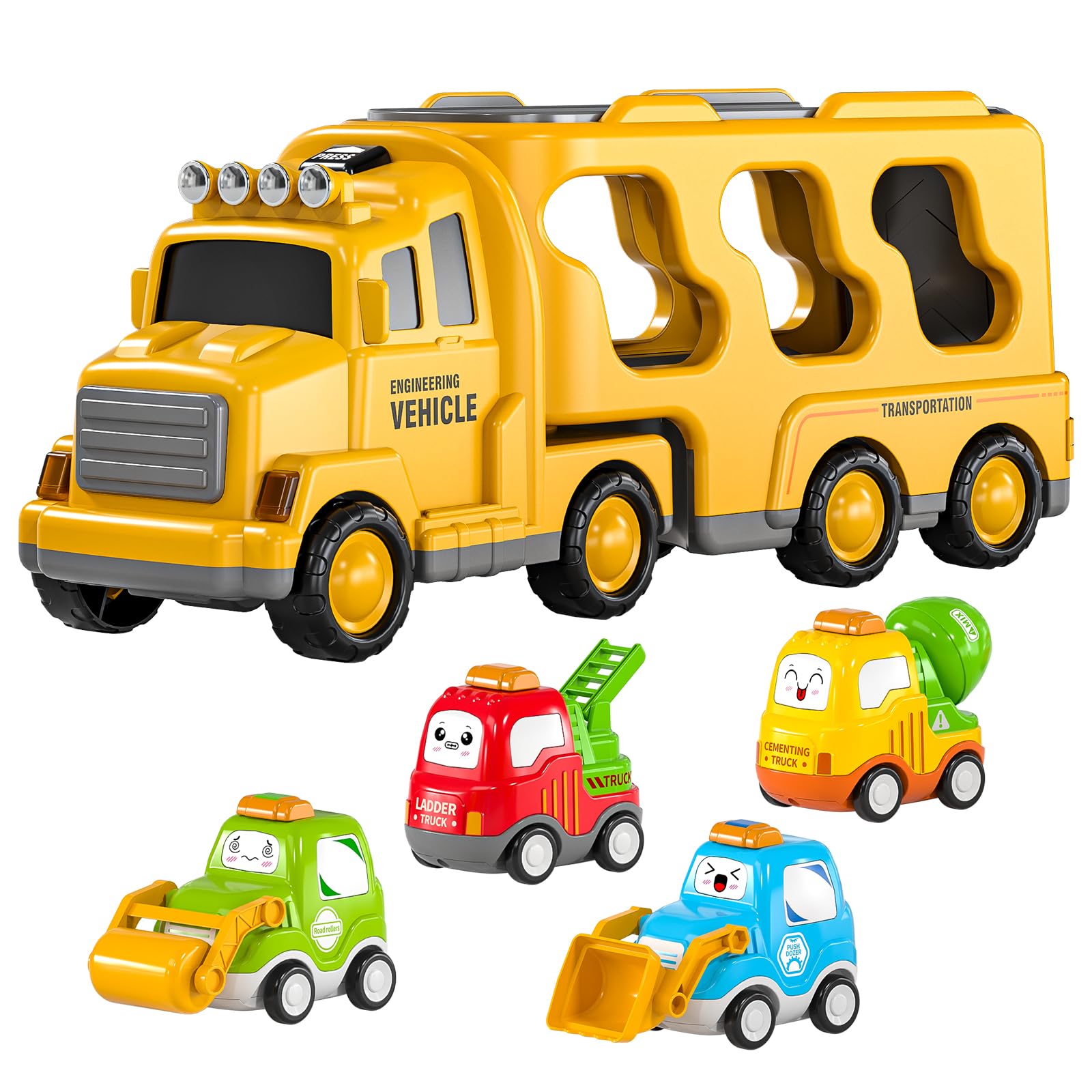 Temi Construction Truck Toys For 1 2 3 4 5 6 Year Old Boys, 5-In-1 Friction Power Toy Vehicle In Carrier Truck, Toddler Toys Car