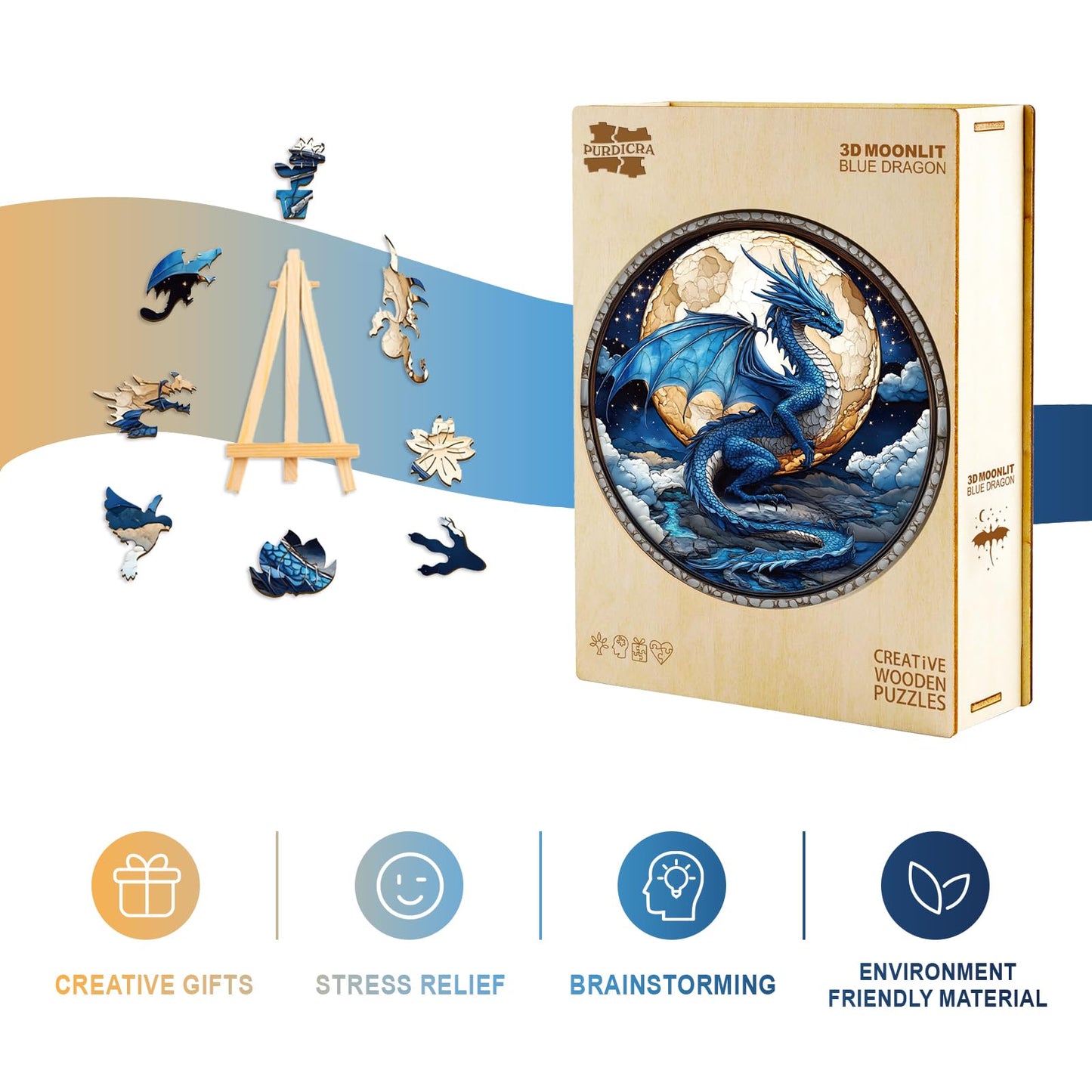 Wooden Puzzles for mature-themeds  Unique Animal Shaped Moonlit Blue Dragon mature-themed Puzzle  3D Vision Wooden Jigsaw Puzzles mature-themed  Challenging Creative Gifts Family Games 13.4 * 13.4in 300pcs