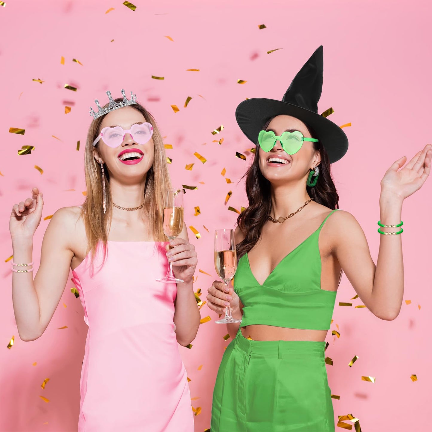 XunYee 96 Pcs Witch Theme Party Favor Supplies Pink and Green Velvet Hair Scrunchies Friendship Bracelets Sunglasses Bags 24 Set