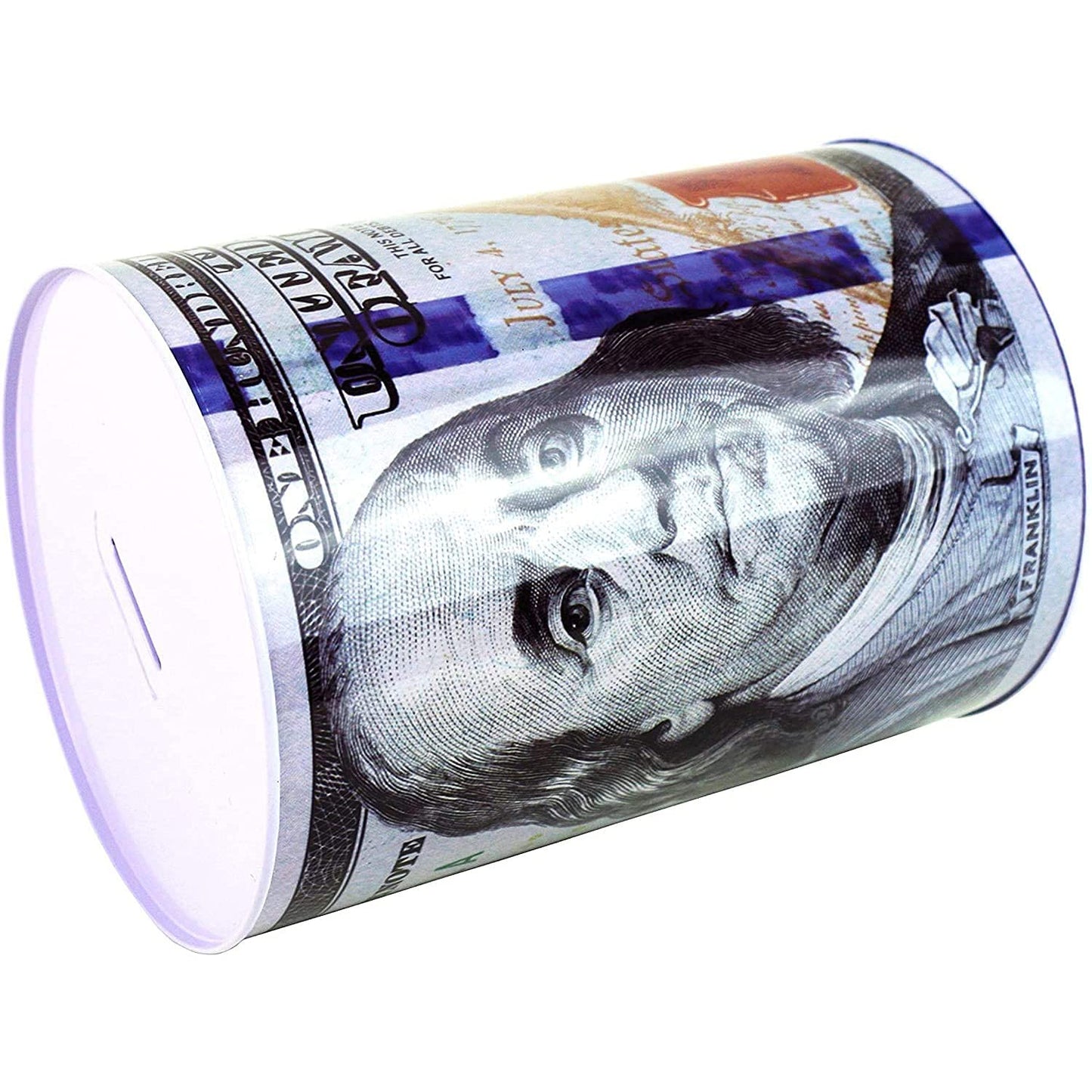 $100 Dollar Bill Piggy Bank 5 7/8'' Tall Coin Saving Money Currency Benjamin Franklin Tin Can Banknote Jar (1 Pack, 8 1/2'' X 6'