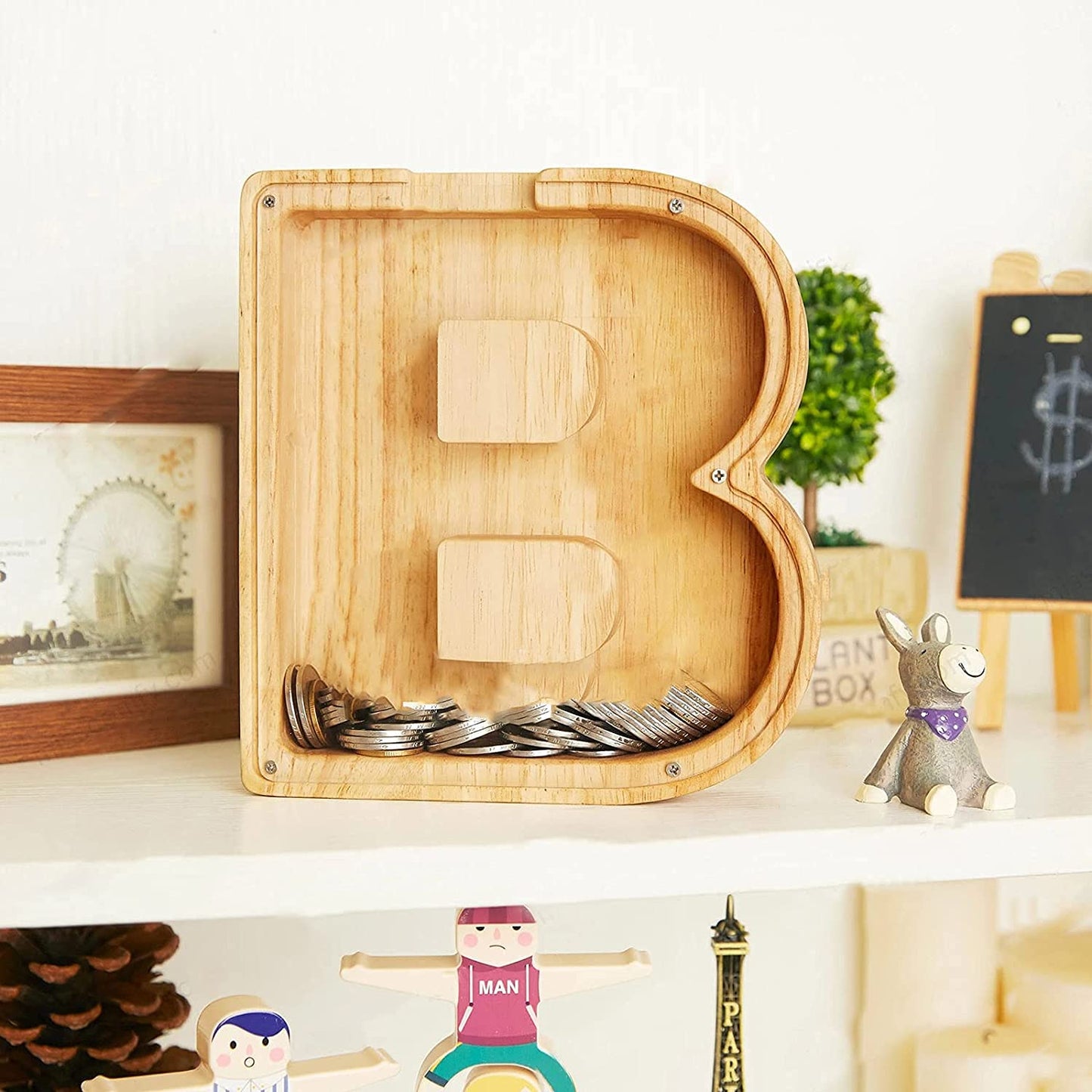 Weidu77 Twenty-Six English Alphabet A-Z Letter Piggy Bank,Large-Capacity Transparent Wooden Alphabet Piggy Bank,Personalized Coi