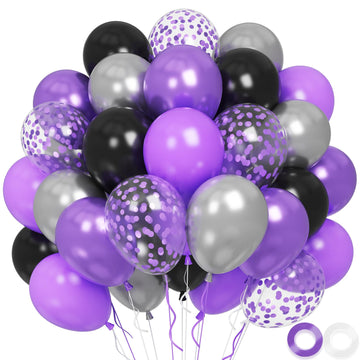 Purple Black Balloons, 60 Pcs 12 Inch Metallic Purple Silver Black Balloons, Black Purple Birthday Balloons With Confetti Balloo