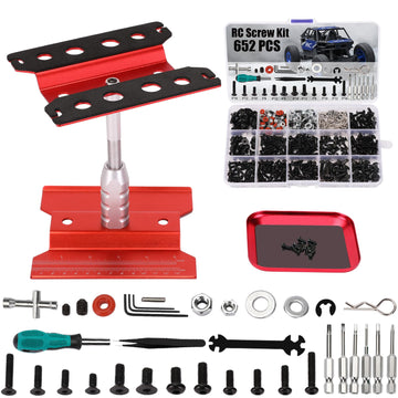 RC Car Repair Work Stand 652 PCS Screw Kit with Srew Tray RC Repair Tool Kit Universal RC Screw Set for Arrma Redcat Traxxas Axi