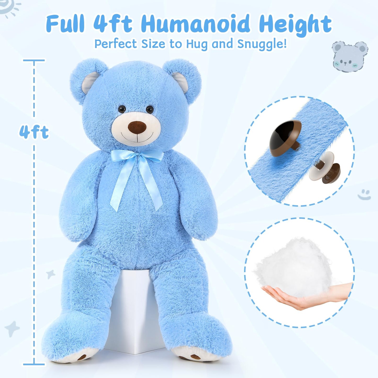 Morismos Giant Teddy Bear Stuffed Animal 4Ft, Big Teddy Bear Plush For Baby Shower, Life Size Stuffed Bear Gifts For Kids, Girls, Girlfriend, Women On Valentine, Christmas, Birthday(Blue)