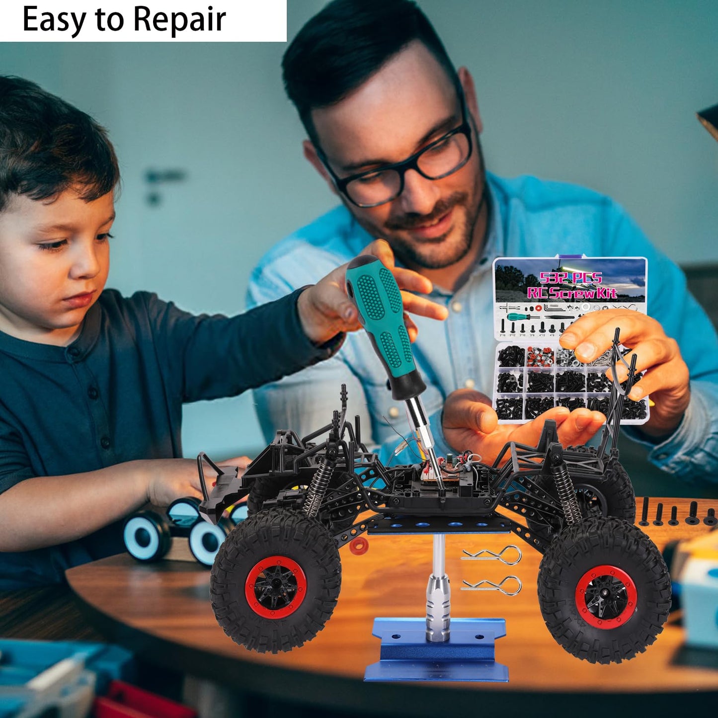 RC Car Repair Work Stand 532 PCS RC Repair Tool Screws Set Kit 360 Degree Rotation RC Repair Station Screwdrivers Screws Pallet