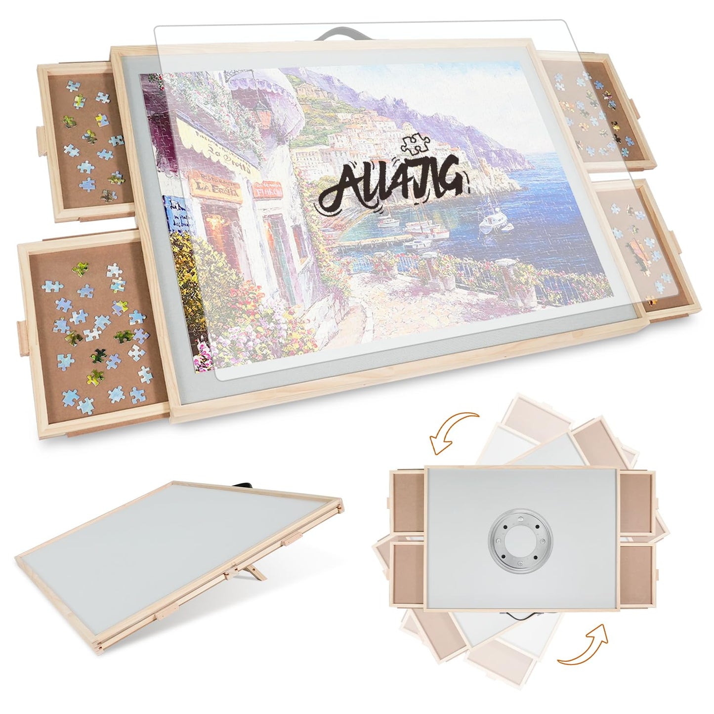 All4Jig 2-In-1 Tilting & Rotating Puzzle Board For Adults Gifts, Wooden Jigsaw Puzzle Table With 4 Drawers, Portable Puzzle Tabl
