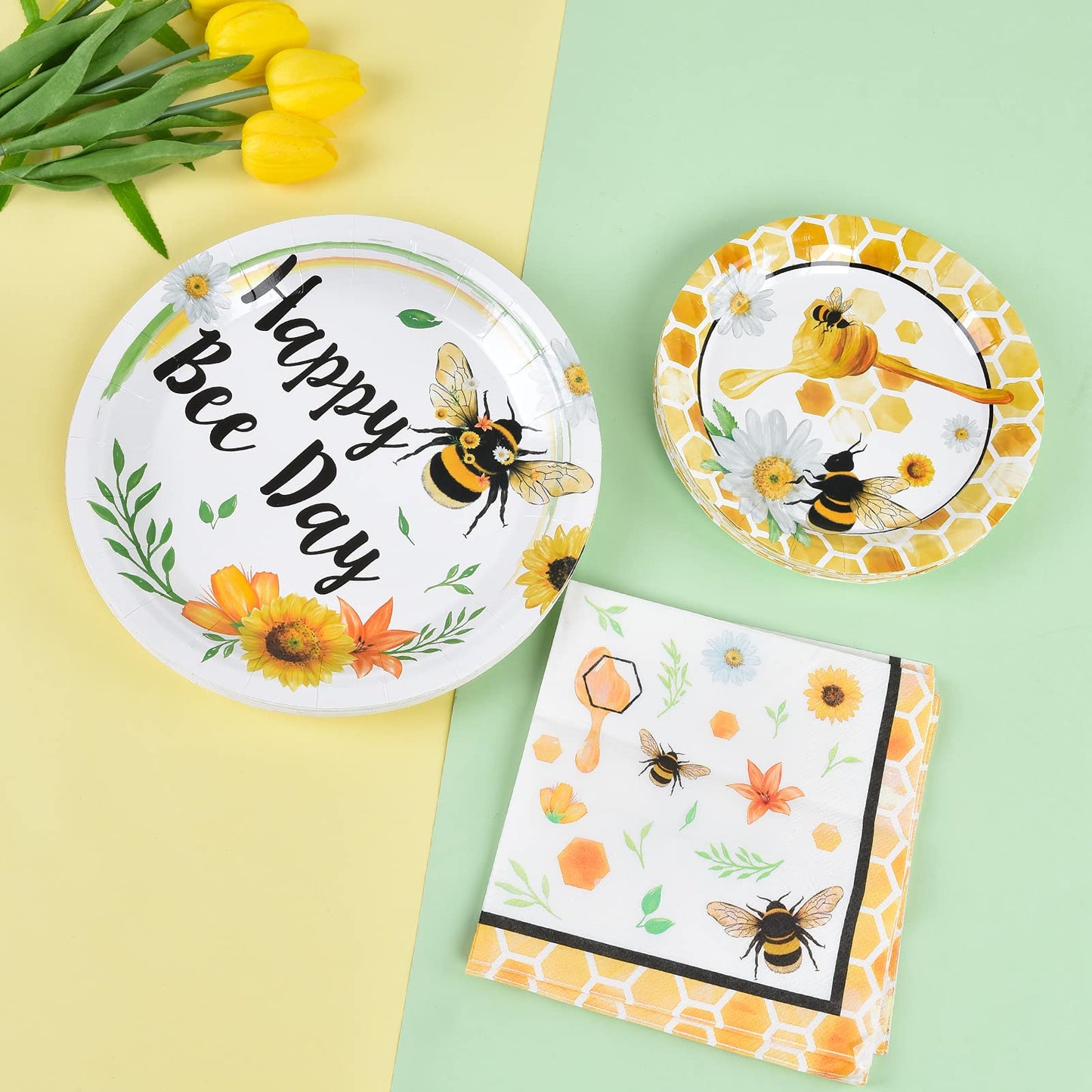 Wernnsai Bee Party Plates And Napkins - 48 Pcs Happy Bee Day Party Supplies For Kids Honey Bee Party Tableware Set Dinner Dessert Cake Plates Lunch Napkins Serves 16 Guests