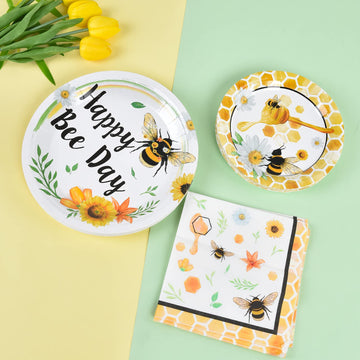 Wernnsai Bee Party Plates And Napkins - 48 Pcs Happy Bee Day Party Supplies For Kids Honey Bee Party Tableware Set Dinner Dessert Cake Plates Lunch Napkins Serves 16 Guests