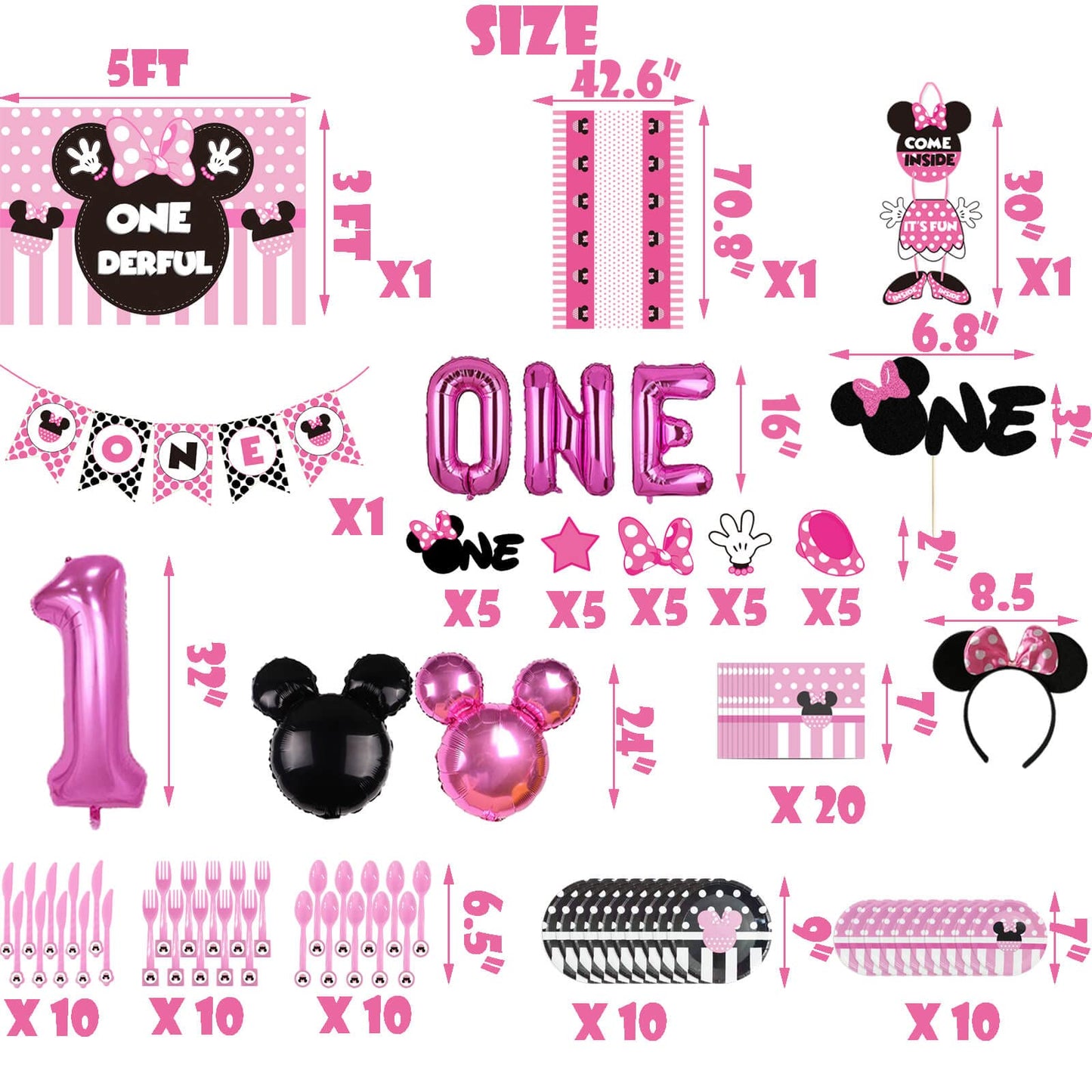 LetDec 185 Pcs Pink 1st Birthday Party Decorations Kit, Balloon Arch, Tableware, Paper, Model HTMYM1BPD328, Perfect for Girls' First Birthday