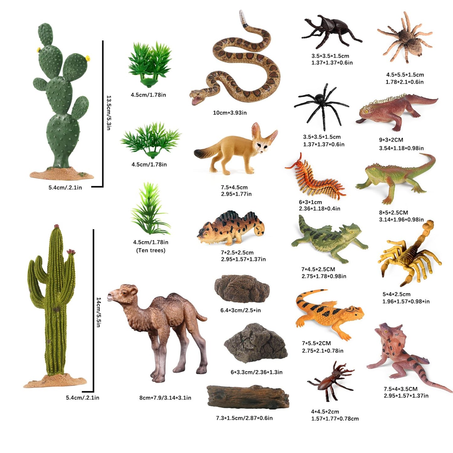 Sienon 32Pcs Desert Animal Figurines Set Model Trees Cactus Kit Desert Diorama Project With Camel Fennec Fox Rattlesnake Scorpion Lizard Reptile Toy Playset For Kids Birthday Cake Toppers Party Décor