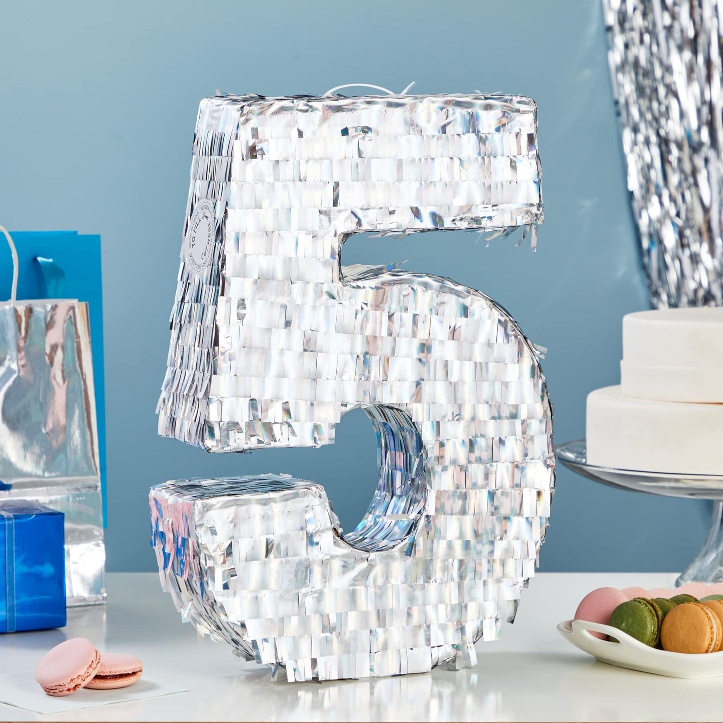 Small Holographic Silver Foil Number 5 Pinata For Kids Birthday Party Decorations (15.7X9X3 In)