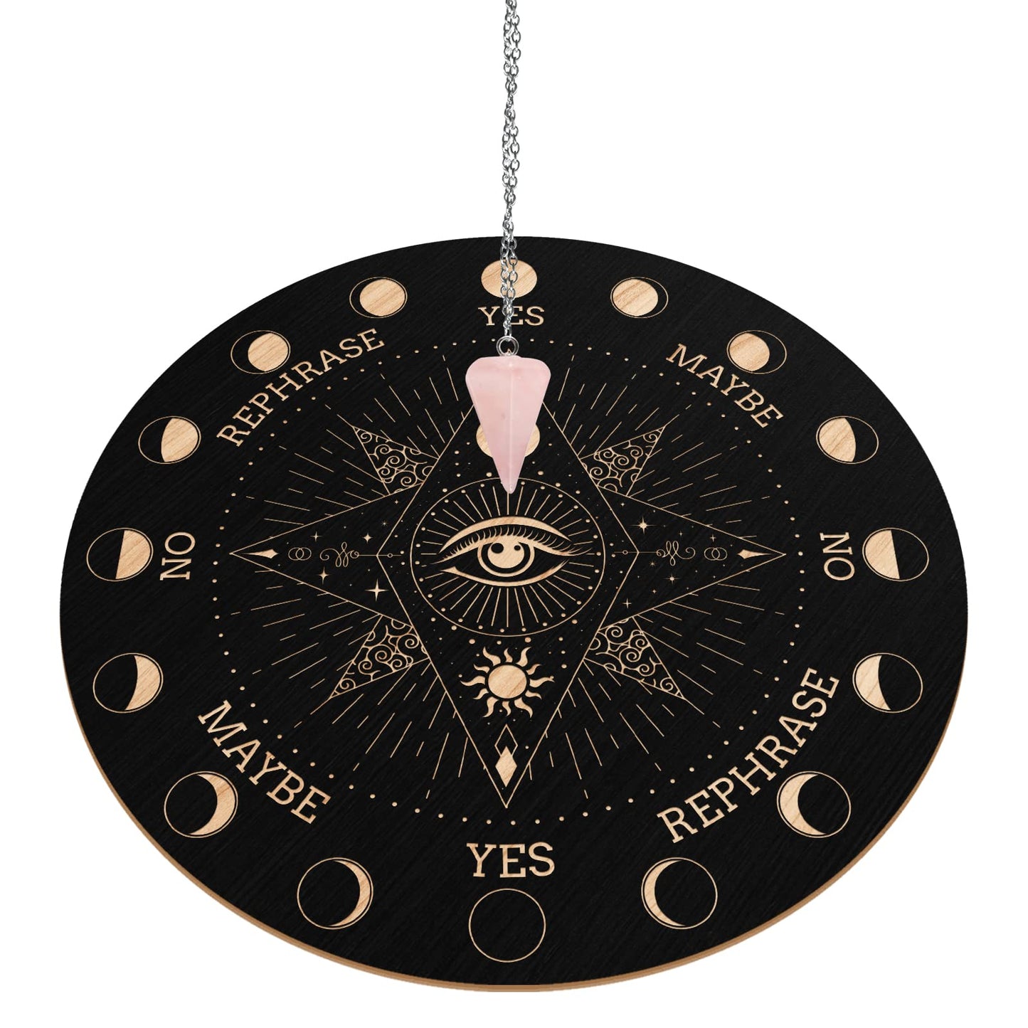 Infunly Witch Pendulum Board Eyes Runes Wooden Dowsing Planchette Board 7.9' Metaphysical Message Board With Pendulum Crystal Necklace For Beginners, Witchcraft Altar Supplies