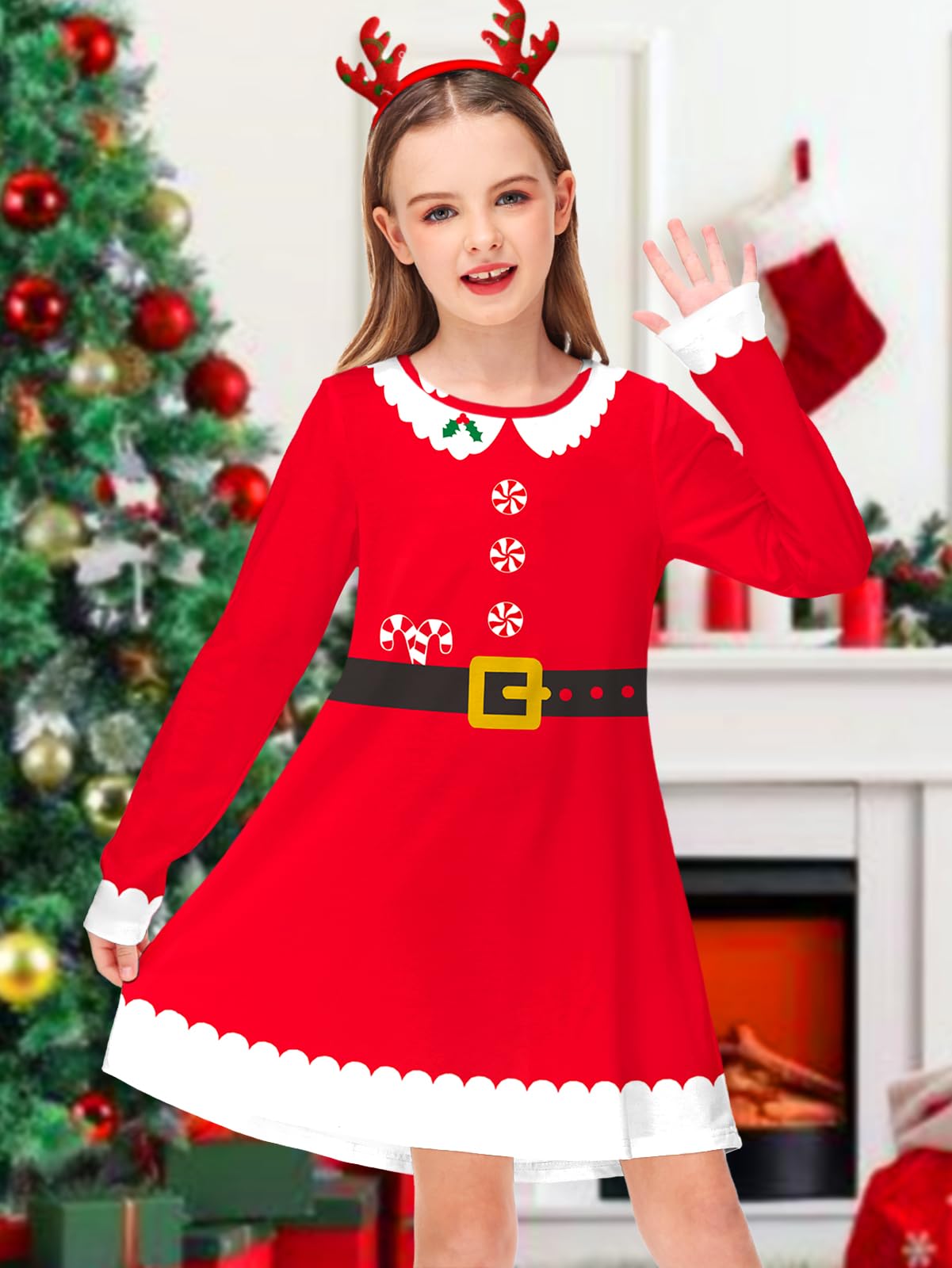 Christmas Santa Dress for Girl Long Sleeve Xmas Red Tshirt Dress Unique Ugly Swing Dresses 5-6 Years
