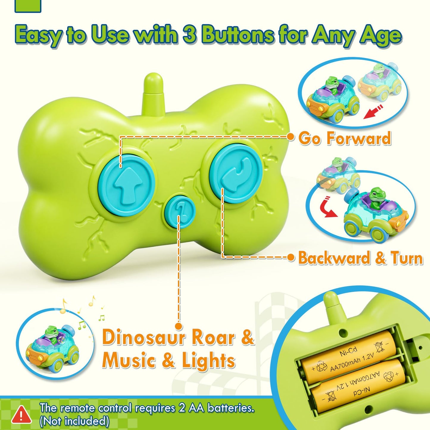 Lehoo Castle Remote Control Car for Toddlers, Rechargeable RC Cars for Toddler Toys 2-3, Dinosaur Toys for Ages 2-4 with Lights