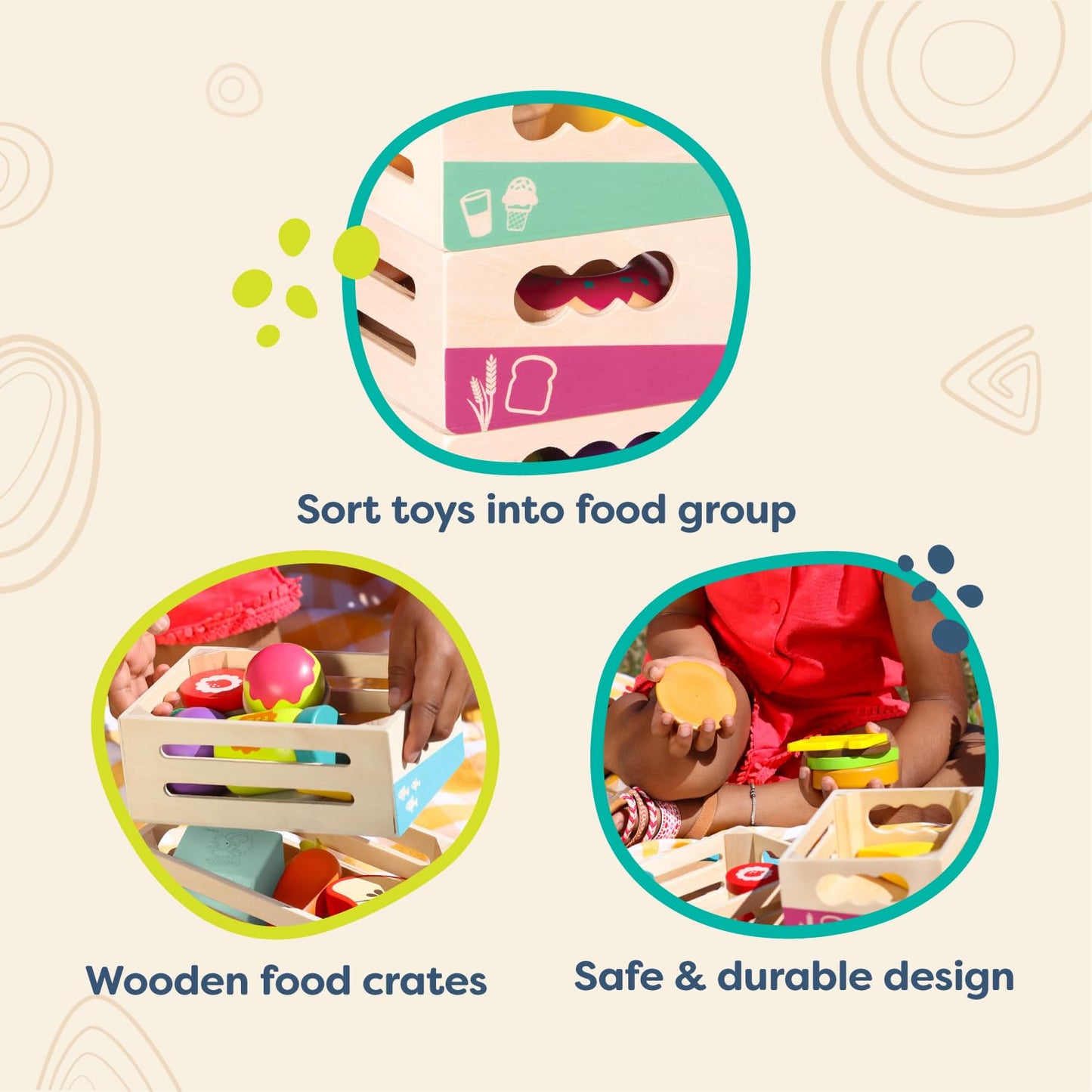 B. toys- Little Foodie Groups- Pretend Play Wooden Play Food - Food Group Crates - 24 Play Kitchen Accessories - Educational Toy