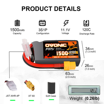OVONIC Lipo Battery 11.1V 120C 1500mAh 3S RC Battery with XT60 Plug for FPV Racing Drone Quadcopter Helicopter Airplane RC Boat