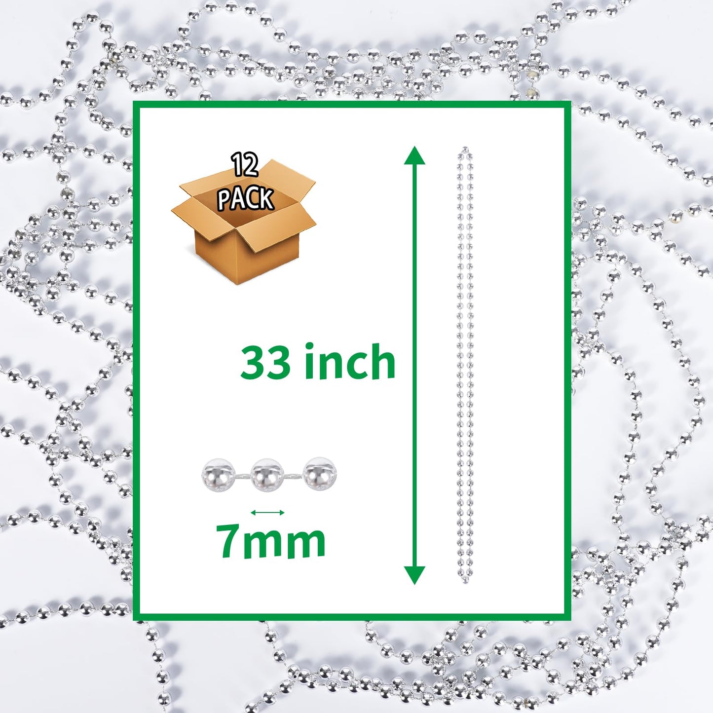 ZZYFGH 33'' 7mm Metallic Silver Bead Necklace Bulk, Mardi Gras Round Beaded Necklaces for Party Favors Costume Necklace (12 Pcs)