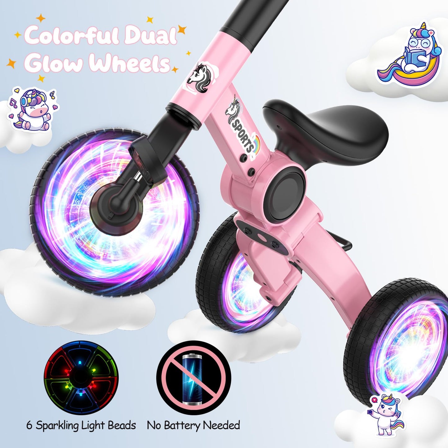 3 in 1 Toddler Balance Bike for 1-4 Year Olds, Colorful Lighting Baby Toddler Tricycle for 1 2 3 4 Year Old with Removable Pedal