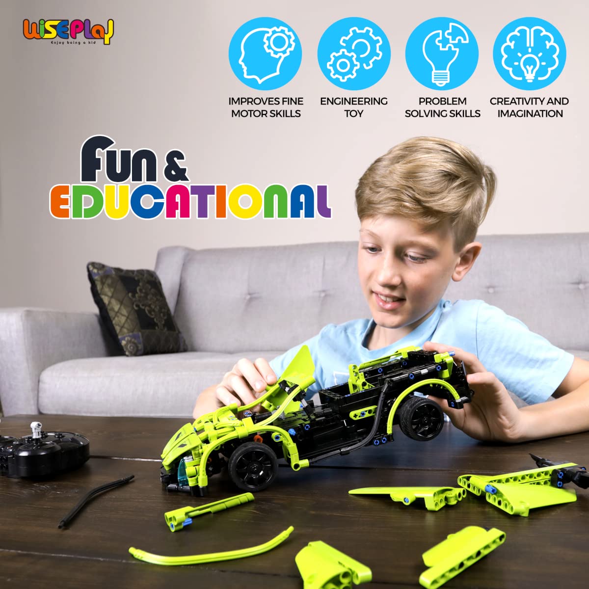 WISEPLAY Remote Control Car Building Kit, 453PCS STEM Toy for Kids 8-10, Green Arrow - Perfect Gift for Boys & Girls