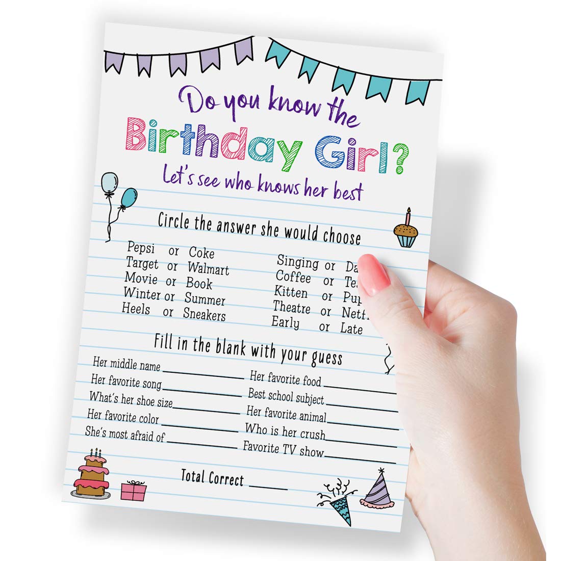 Printed Party Kids Birthday Game - Who Knows Her Best, Set of 25 Notebooks, 7"x5", Colorful Paper, NOBK-KNOW