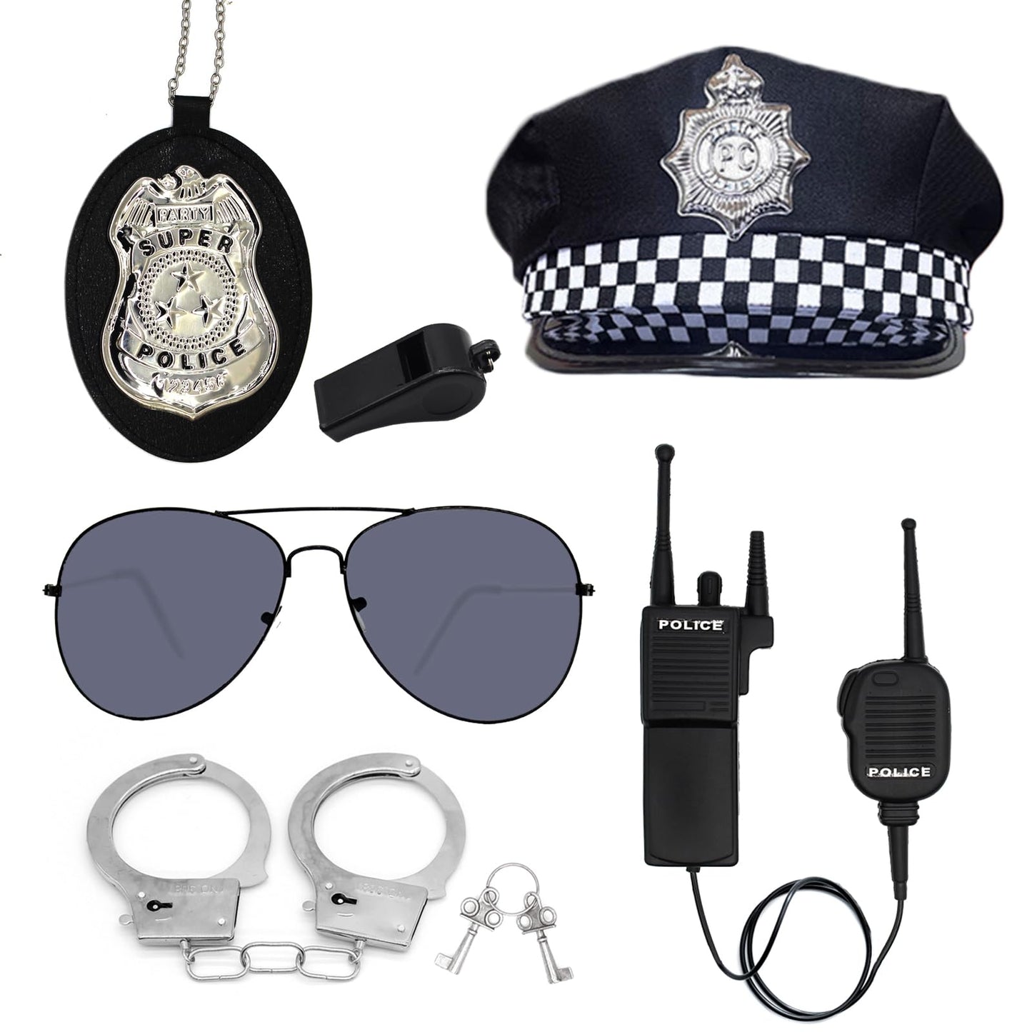 Timisea Police Accessories Kit - 6 Pcs Pretend Play Costume with Hat, Handcuffs, Sunglasses, Walkie Talkie, Badge, Whistle - Medium Size