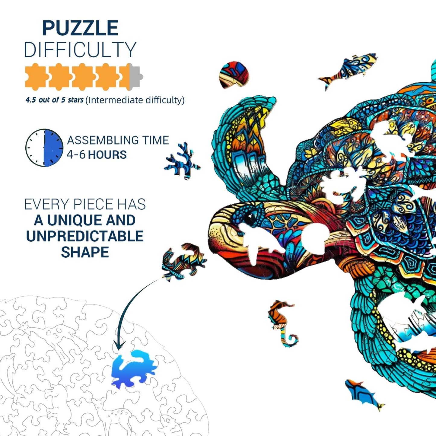 Jigfoxy Wooden Puzzles For Adults, Sea Turtle Wooden Jigsaw Puzzles For Adults Kids, Unique Animal Shape Wood Cut Puzzles, Christmas Thanksgiving Gifts For Friend Turtle Lover (L-14.9*12.6In-301Pcs)