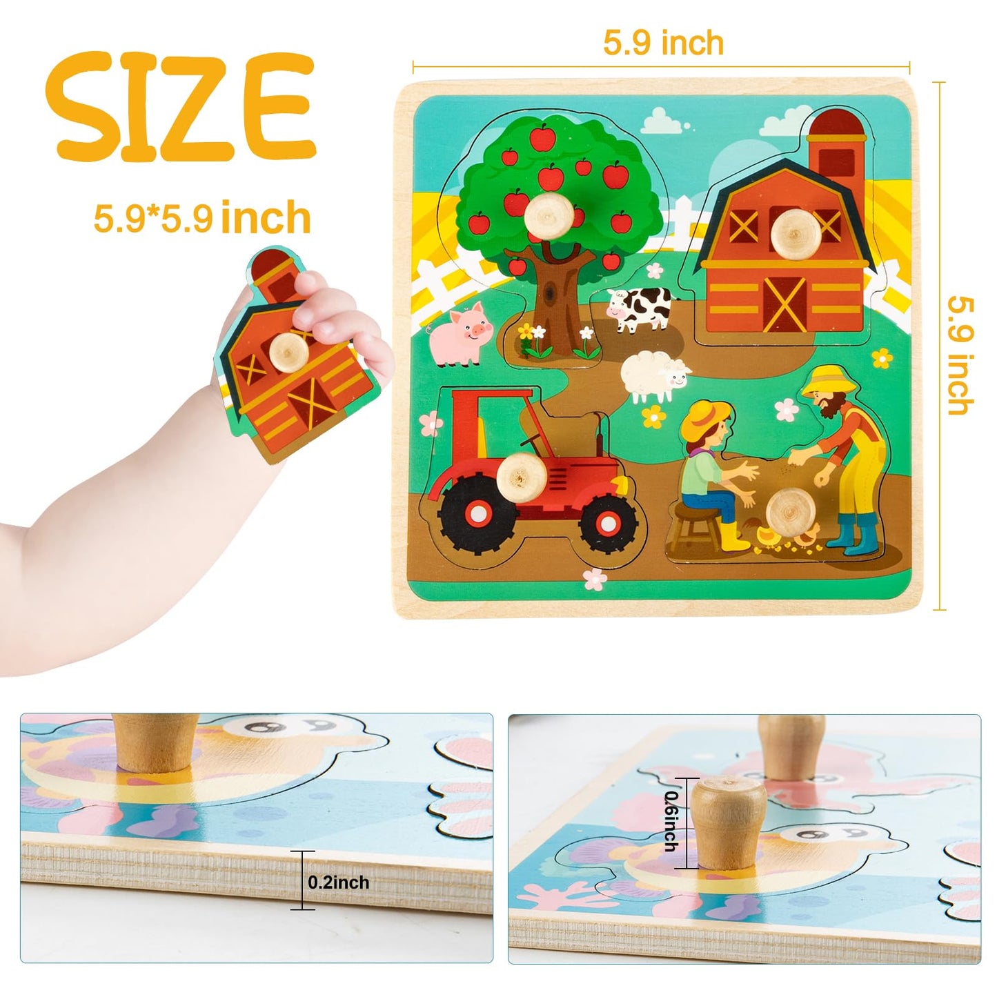 Funsland Wooden Toddler Puzzles - 4 Pcs Eco-Friendly Animal Jigsaw with Handles, Montessori Learning Toys for 1-3 Years Old