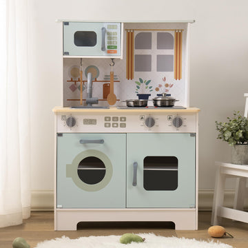 Robotime Play Kitchen Set For Kids Toddlers, Wooden Kids Play Kitchen Playset With Real Lights & Sounds, Pretend Toddler Kitchen