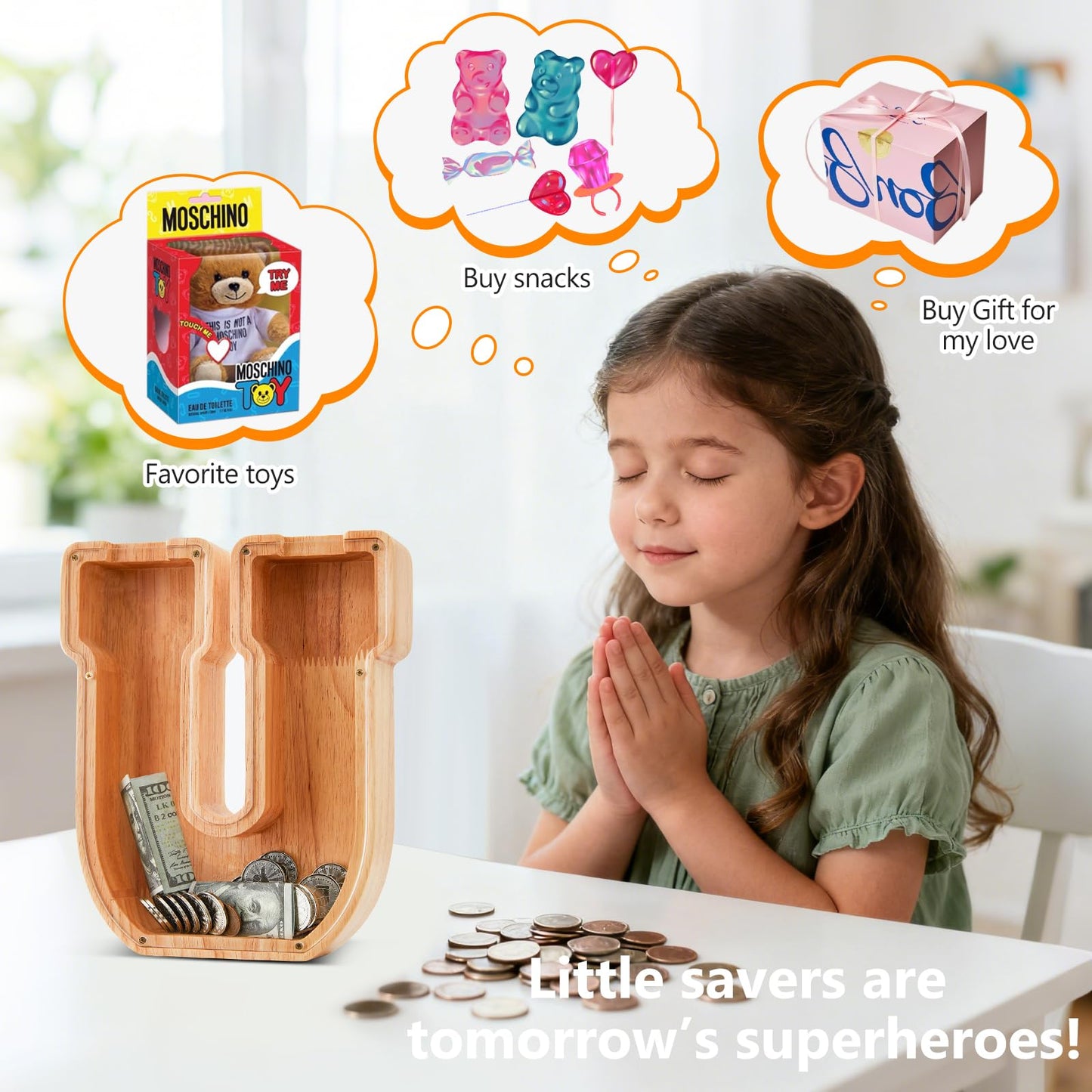 Wooden Letter Piggy Bank for Kids  Initial Coin Bank for Boys and Girls  First Name Personalized Savings Bank for Birthday Boys Girls Gift Piggy Bank for Kids (Wood  S9-U)