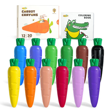 JUPITEARTH 12 Colors Crayons for Toddlers 1-3, Non Toxic Beeswax Carrot-Shaped Toddler Crayons with 30-Page Coloring Book and 12