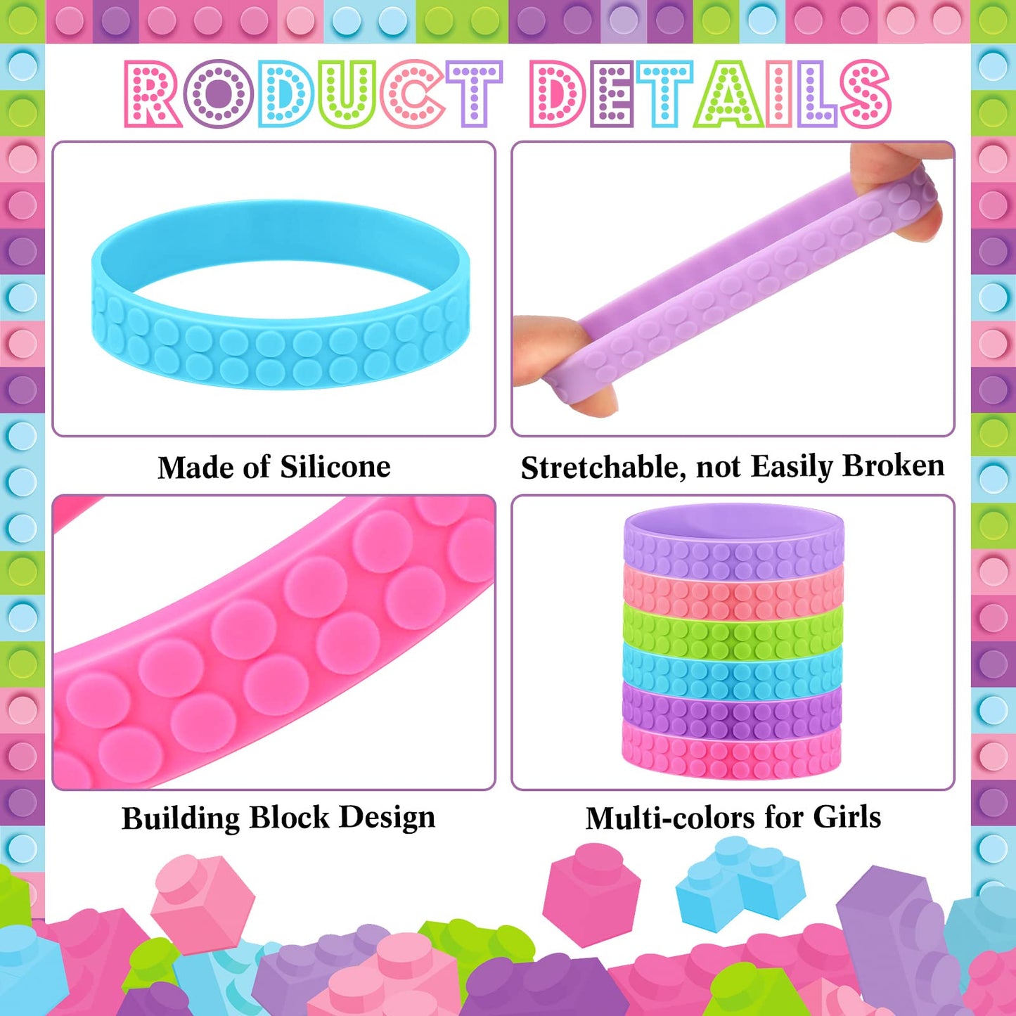 Inbagi 24 Pcs Building Block Bracelet for Kids 6 Color Silicone Wristband Rubber Bracelet Bulk Pastel Stretch Wristband for Buil