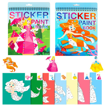 2Pcs Crafts For Kids Ages 4-8 Sticker Paint Number Sticker Book Mermaid And Princess Stickers For Girls Birthday Halloween Christmas Party Favors Road Plane Travel Daycare Activity