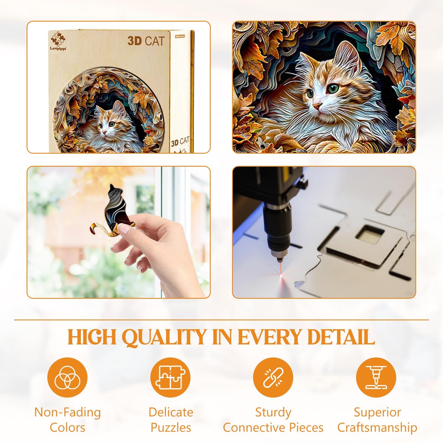 Wooden Puzzles for mature-themeds  Wooden Jigsaw Puzzles for mature-themeds Kids  3D Vision Effect-3D Cat Unique Shaped Wood Puzzles mature-themed  Creative Birthday Gifts for Friends Family Game(13.4 * 13.4in 300pcs)