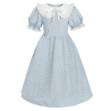 Ltakk Pioneer Dress Girls Colonial Costume Prairie Pilgrim Girl Dresses With Ruffled Pinafore, Stone Blue, Large, Age Over 4 Yea