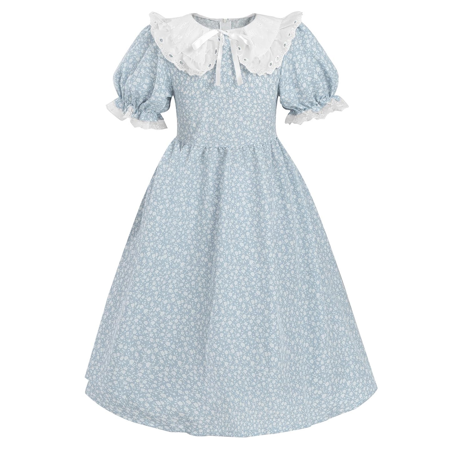 LTAKK Pioneer Dress Girls Colonial Costume Prairie Pilgrim Girl Dresses with Ruffled Pinafore, Stone Blue, Medium, age over 4 ye